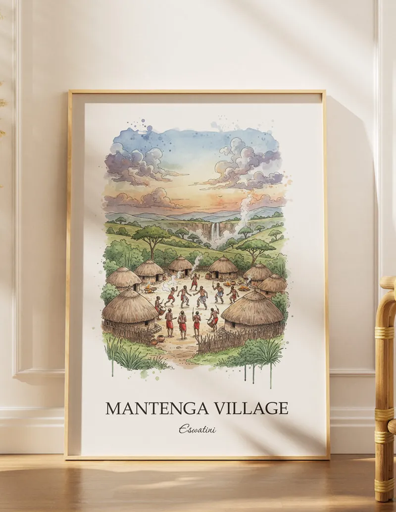 Minimalist poster of Mantenga Village in Eswatini in a light frame standing on the floor in a dark moody interior.