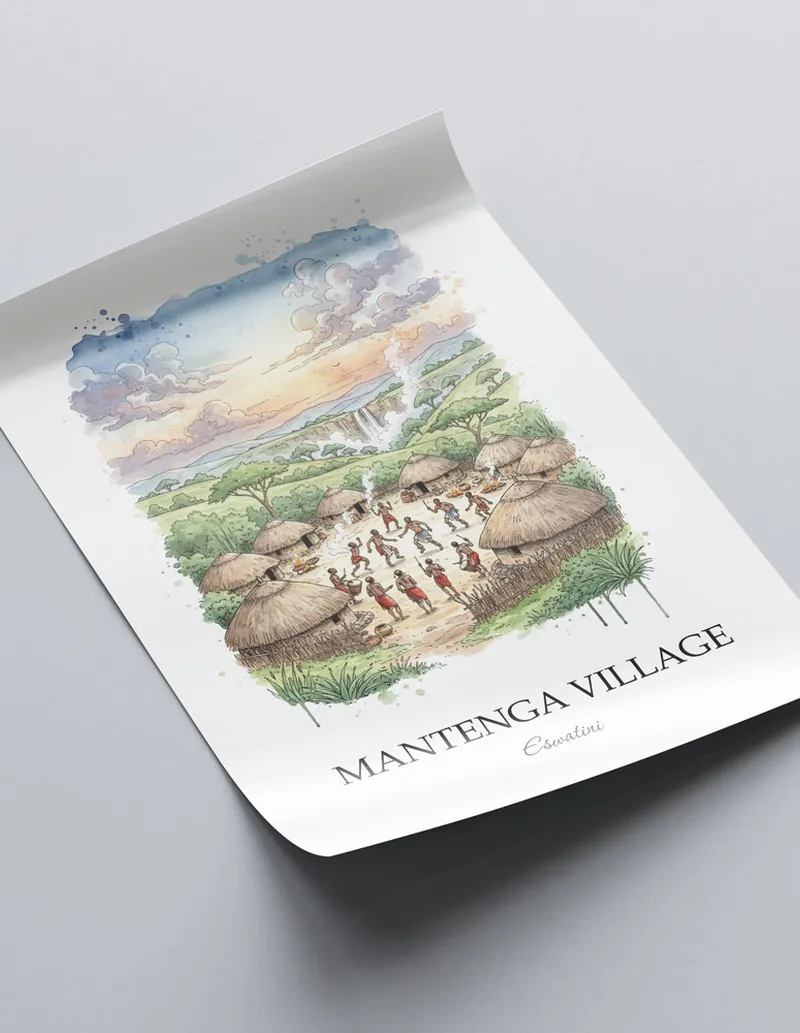 Framed wall art featuring Mantenga Village in Eswatini in a light wood frame leaning on the floor.