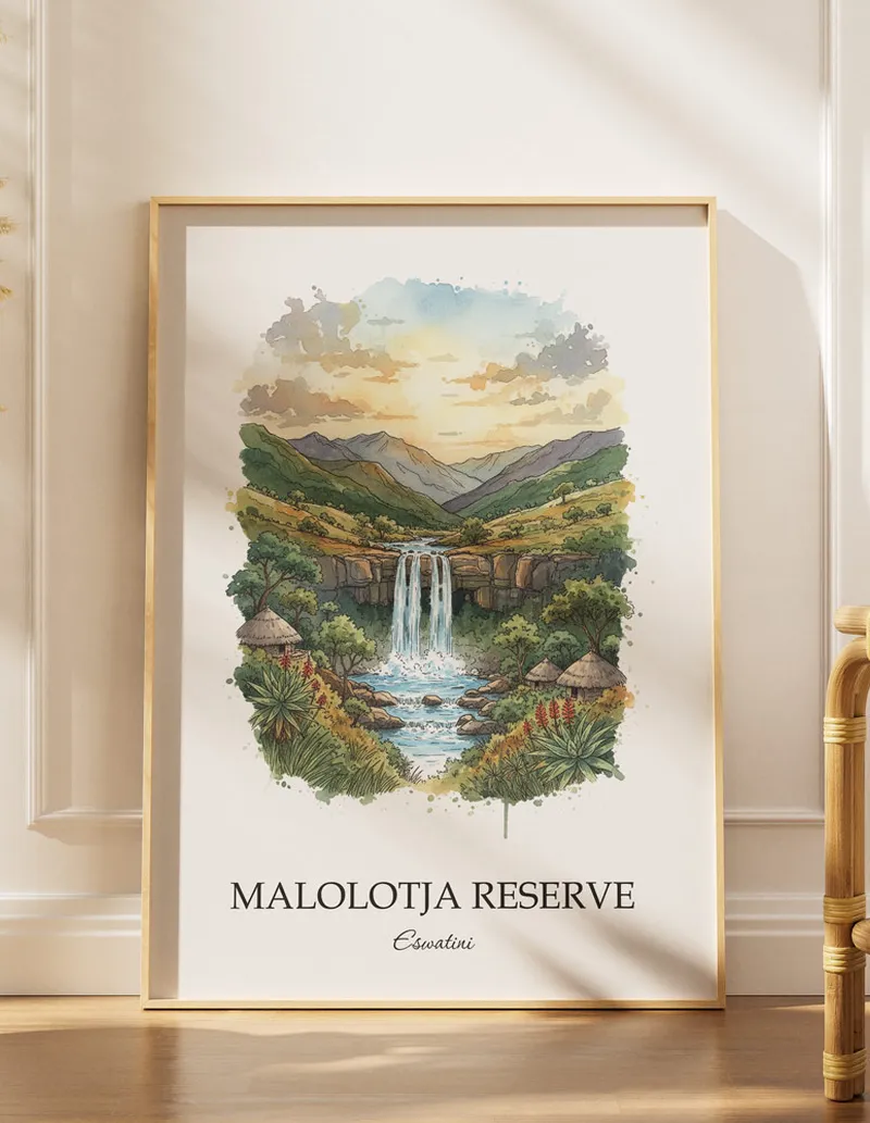 Minimalist poster of Malolotja Reserve in Eswatini in a light frame standing on the floor in a dark moody interior.