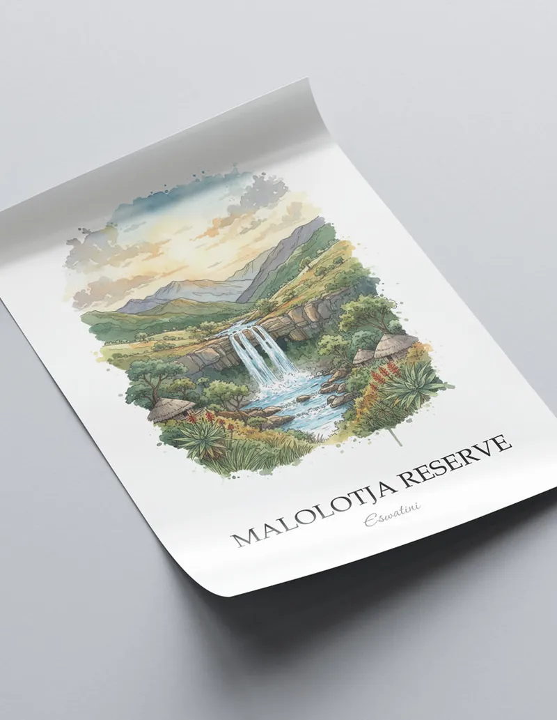 Framed wall art featuring Malolotja Reserve in Eswatini in a light wood frame leaning on the floor.