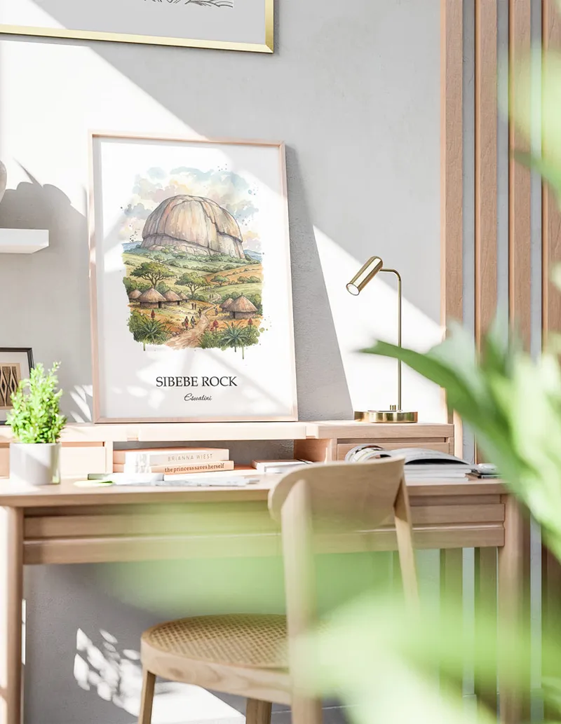 A clean and modern mockup showing a framed Sibebe Rock, Eswatini print on a minimalist background.