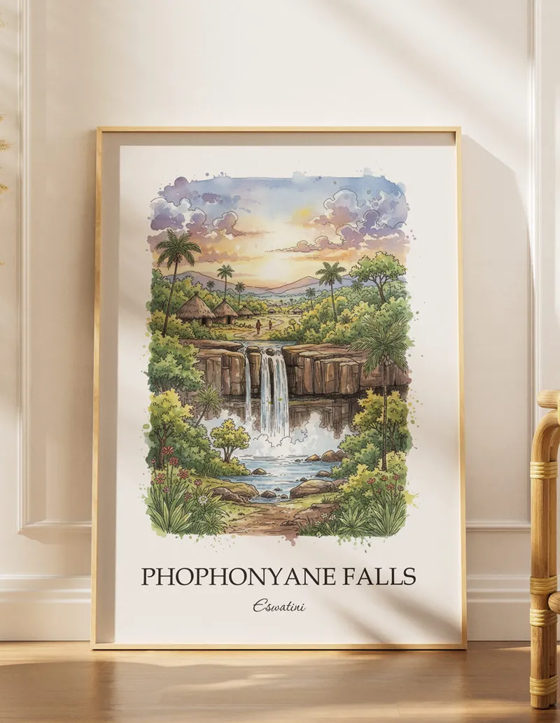 Minimalist poster of Phophonyane Falls in Eswatini in a light frame standing on the floor in a dark moody interior.
