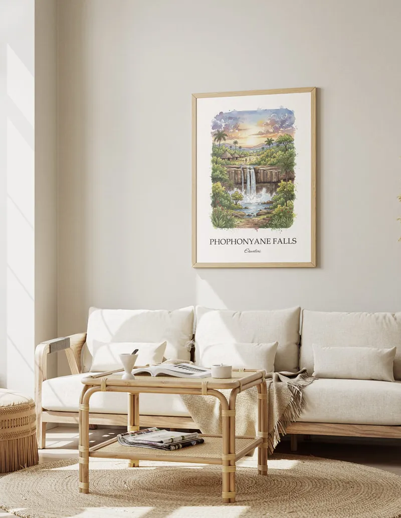 Vintage travel poster of Phophonyane Falls, Eswatini in a light frame displayed above a sofa in a bright boho interior.