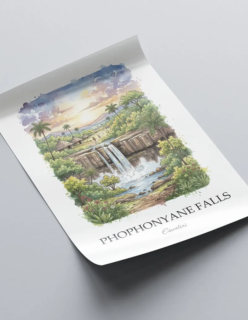 Framed wall art featuring Phophonyane Falls in Eswatini in a light wood frame leaning on the floor.