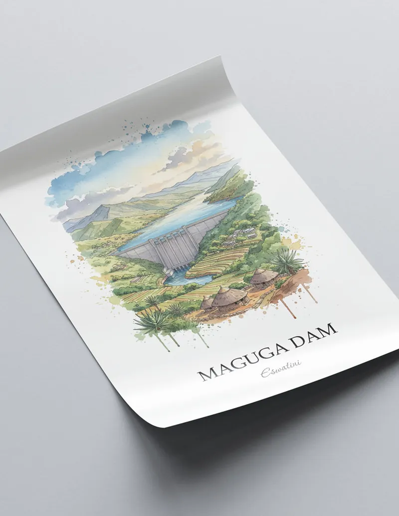Framed wall art featuring Maguga Dam in Eswatini in a light wood frame leaning on the floor.