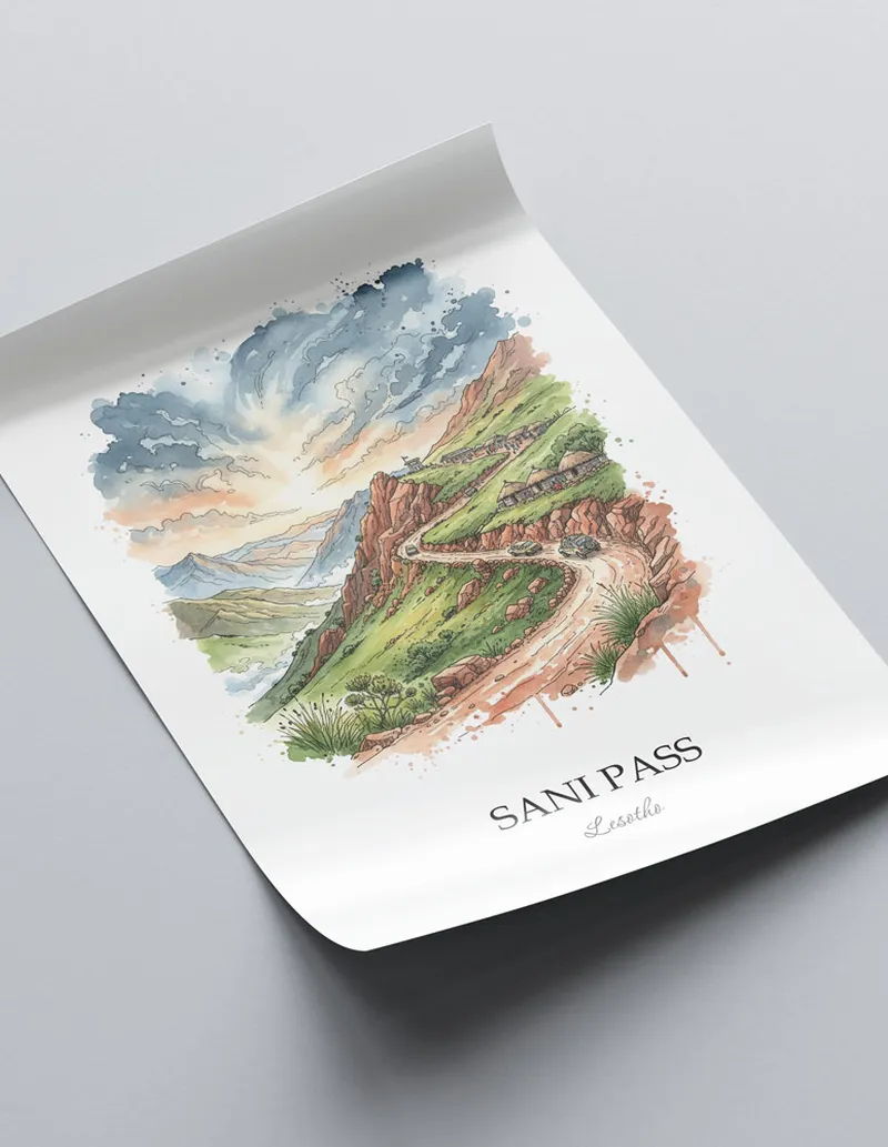 Framed wall art featuring Sani Pass in Lesotho in a light wood frame leaning on the floor.
