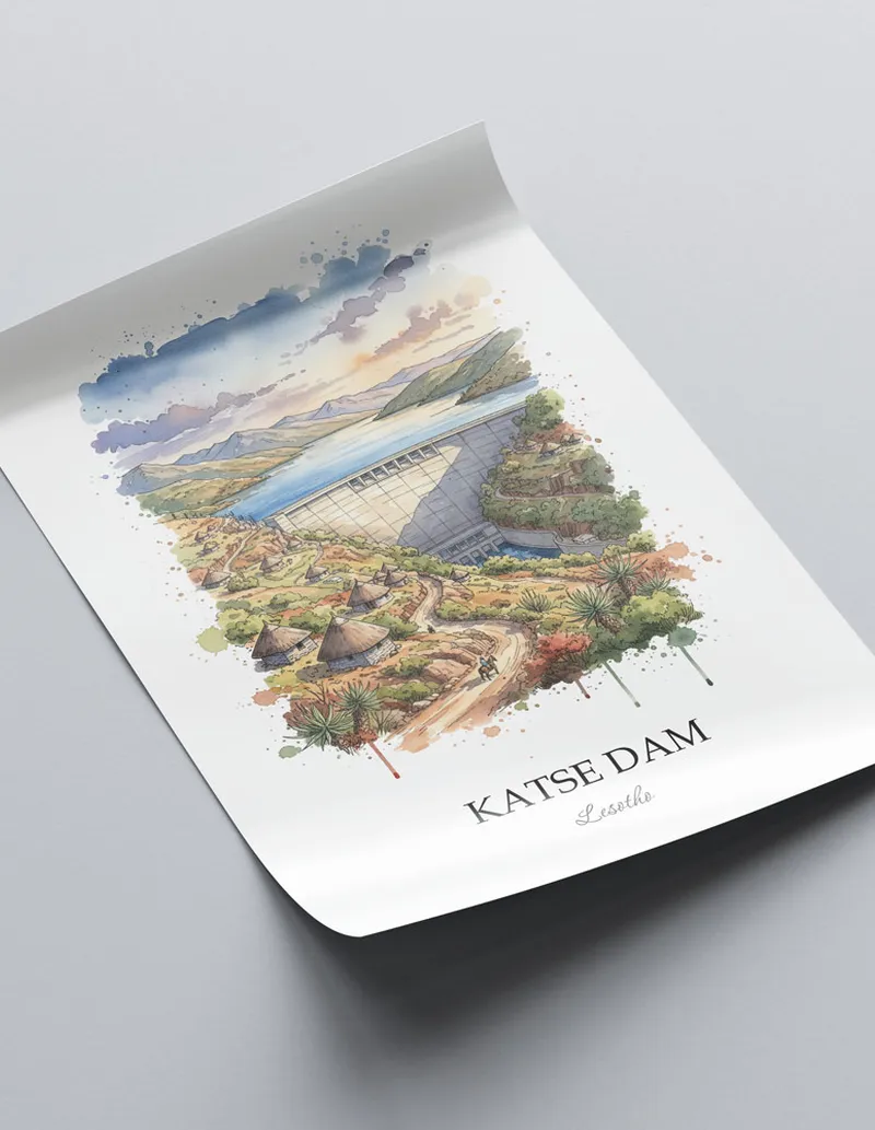 Framed wall art featuring Katse Dam in Lesotho in a light wood frame leaning on the floor.