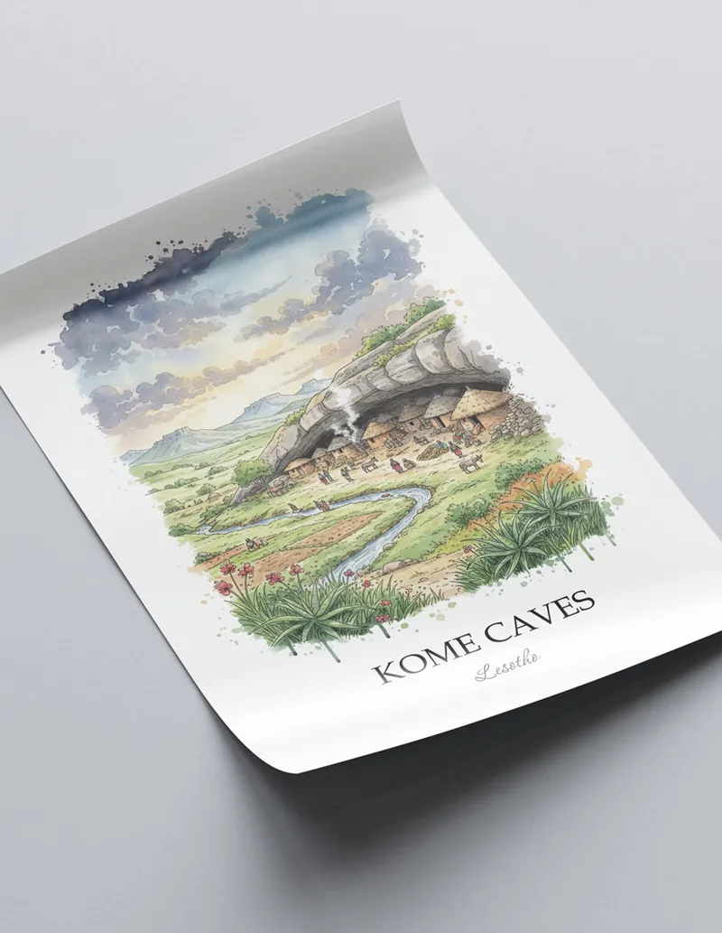 Framed wall art featuring Kome Caves in Lesotho in a light wood frame leaning on the floor.