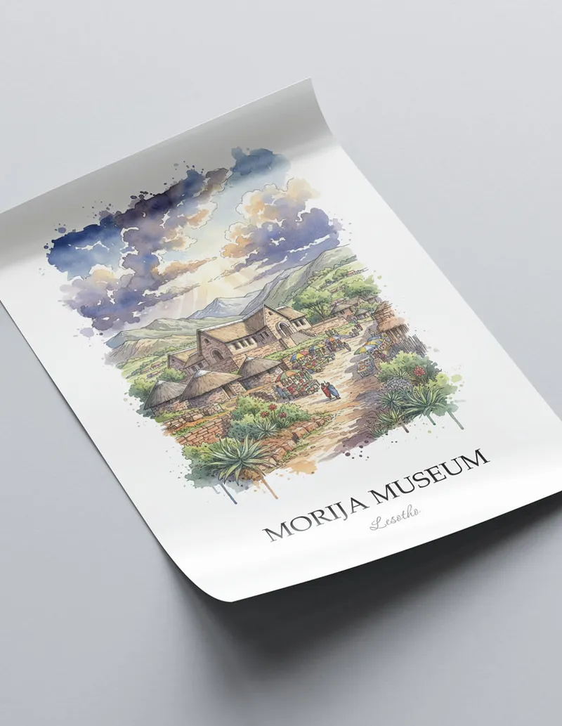 Framed wall art featuring Morija Museum in Lesotho in a light wood frame leaning on the floor.