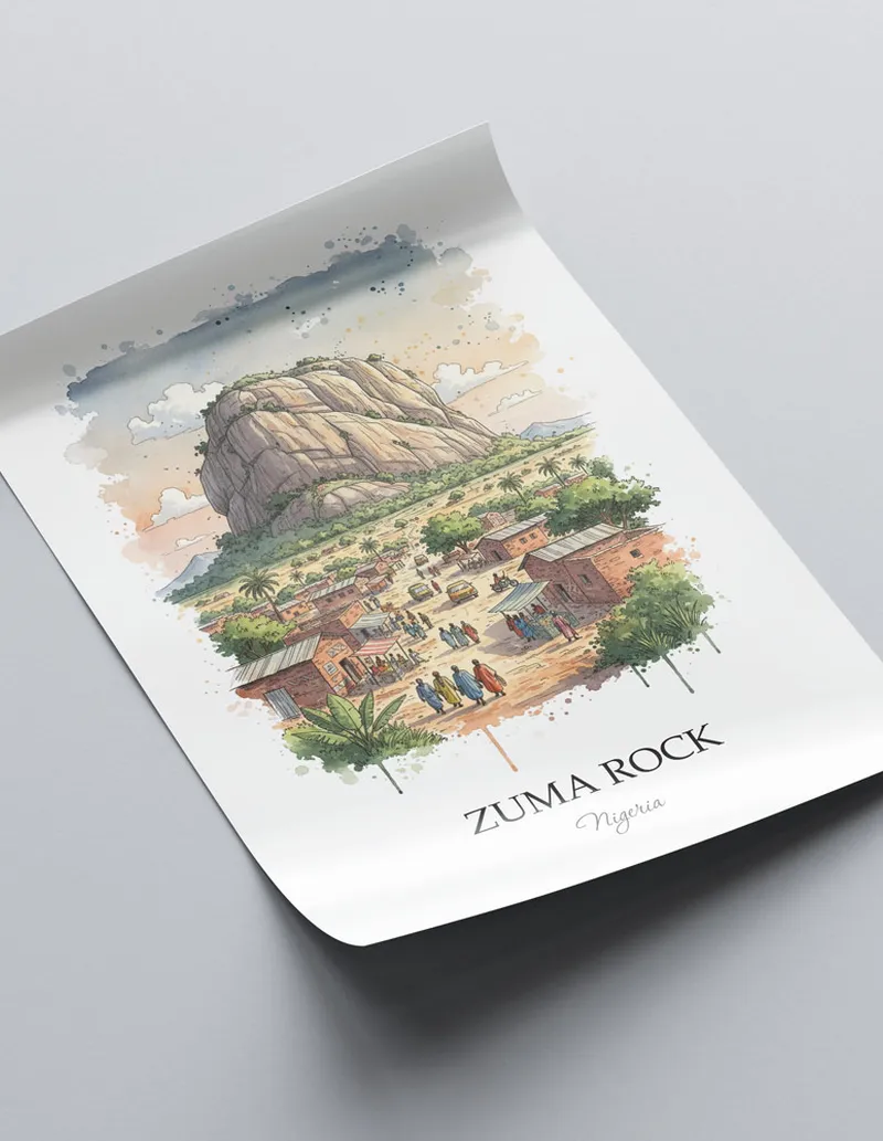 Minimalist poster of Zuma Rock in Nigeria in a light frame standing on the floor in a dark moody interior.