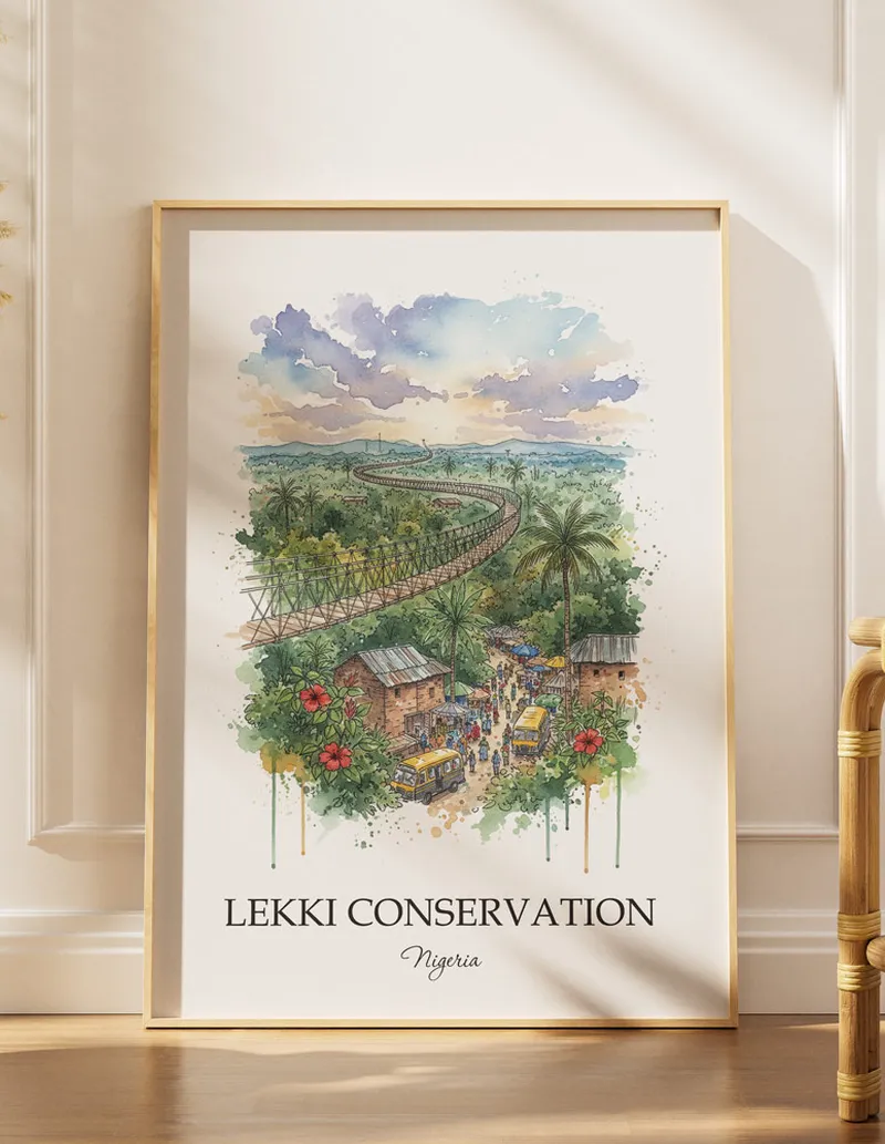A lovely interior preview showcasing a vintage-vibe travel poster design of the scenic Lekki Conservation in Nigeria.