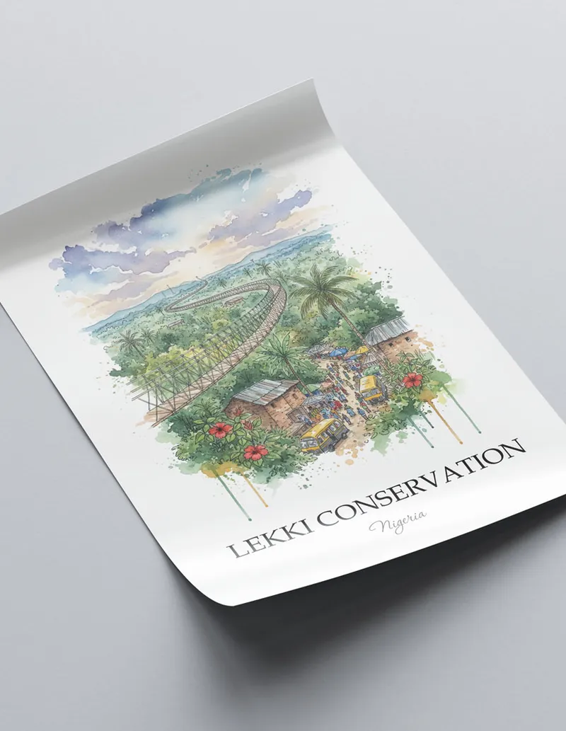 Minimalist poster of Lekki Conservation in Nigeria in a light frame standing on the floor in a dark moody interior.