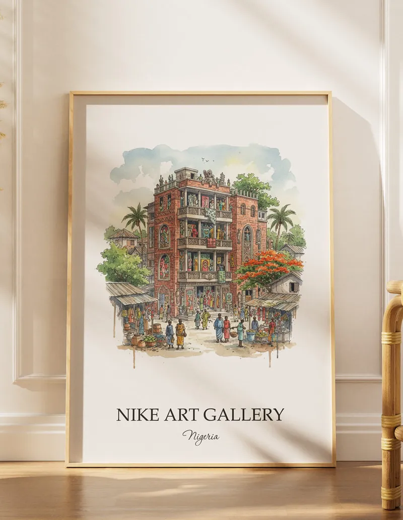 A lovely interior preview showcasing a vintage-vibe travel poster design of the scenic Nike Art Gallery in Nigeria.