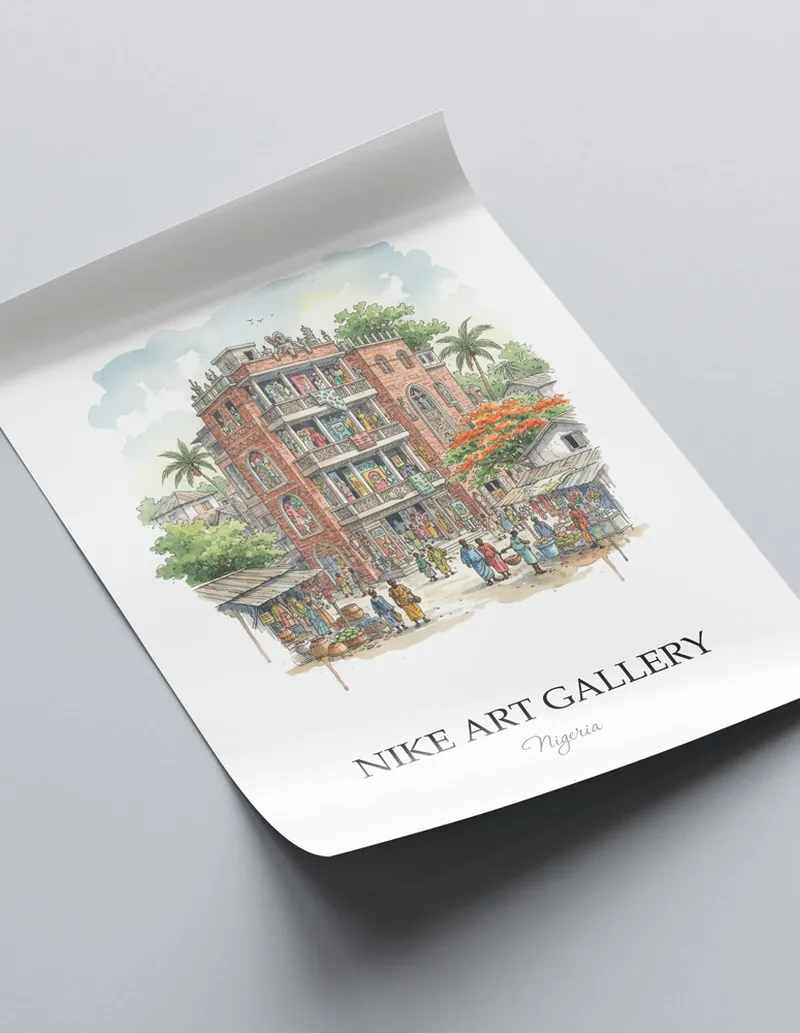 Minimalist poster of Nike Art Gallery in Nigeria in a light frame standing on the floor in a dark moody interior.