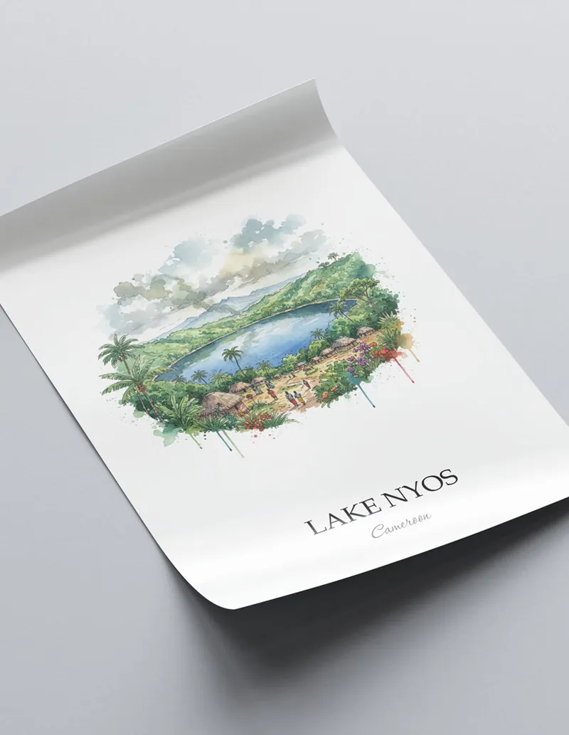 Minimalist poster of Lake Nyos in Cameroon in a light frame standing on the floor in a dark moody interior.