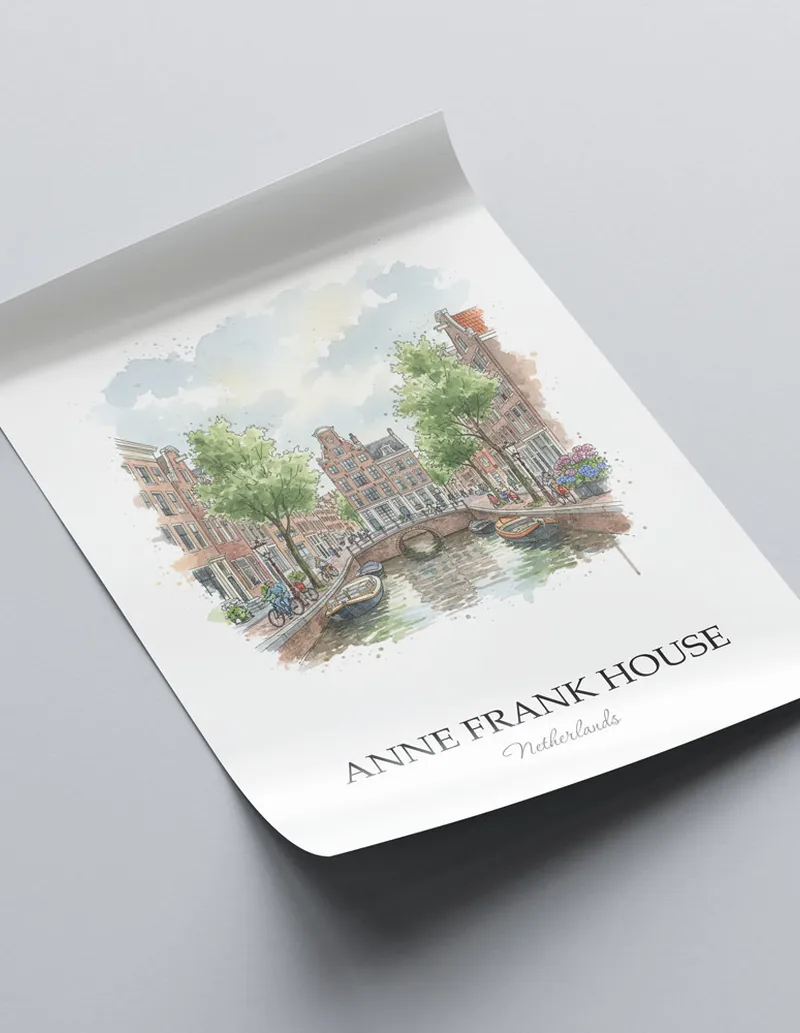 A close-up of a high-quality paper print featuring the Anne Frank House in Netherlands minimalist design.