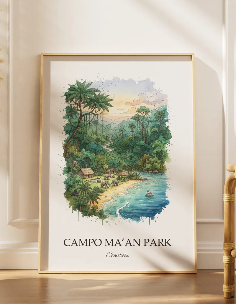 A lovely interior preview showcasing a vintage-vibe travel poster design of the scenic Campo Ma'an Park in Cameroon.