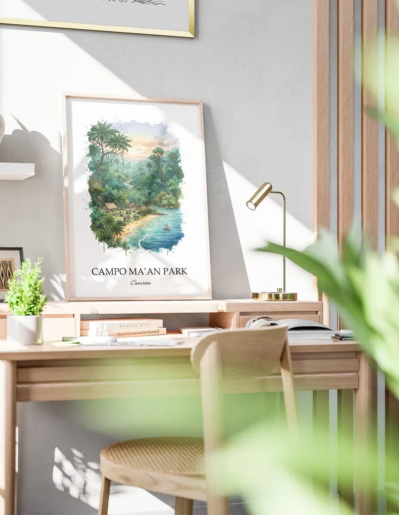 A close-up of a high-quality paper print featuring the Campo Ma'an Park in Cameroon minimalist design.