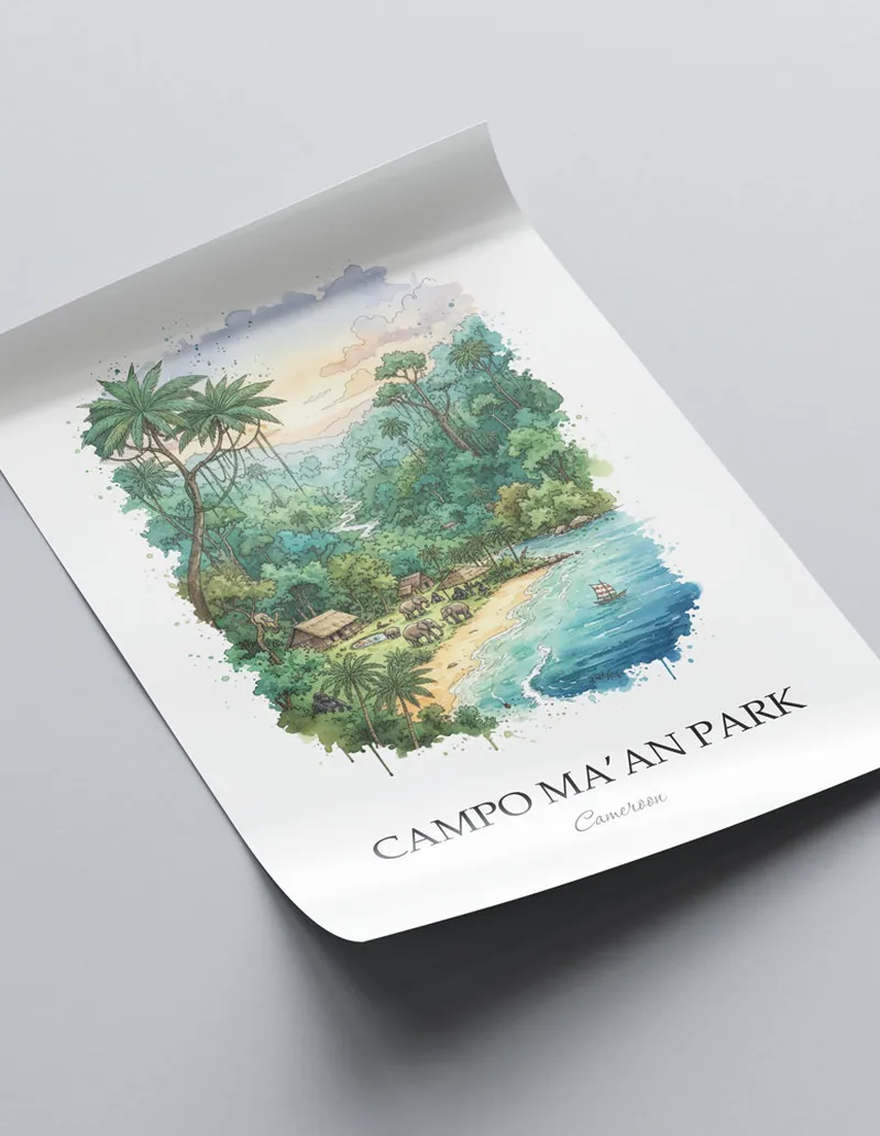 Minimalist poster of Campo Ma'an Park in Cameroon in a light frame standing on the floor in a dark moody interior.