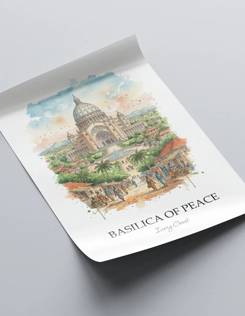 Minimalist poster of Basilica of Peace in Ivory Coast in a light frame standing on the floor in a dark moody interior.