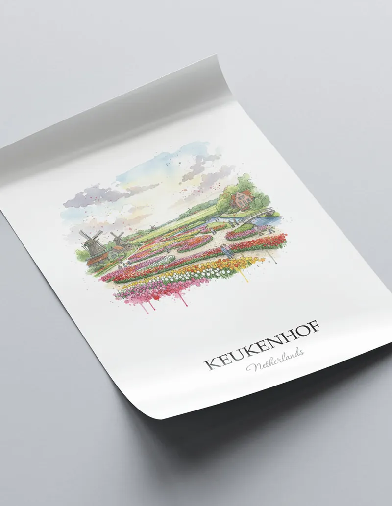 A close-up of a high-quality paper print featuring the Keukenhof in Netherlands minimalist design.
