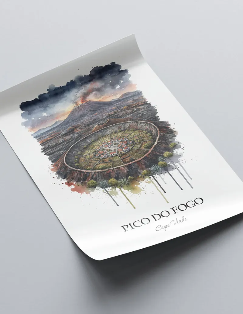 Minimalist poster of Pico do Fogo in Cape Verde in a light frame standing on the floor in a dark moody interior.