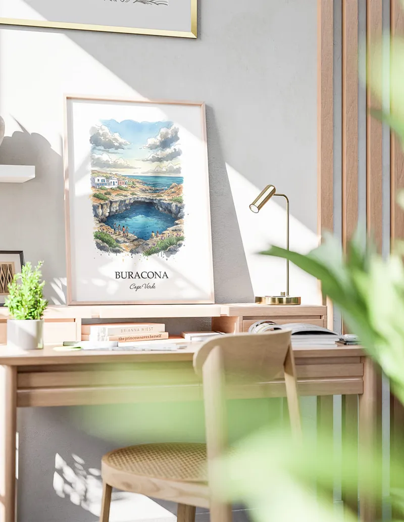 A close-up of a high-quality paper print featuring the Buracona in Cape Verde minimalist design.