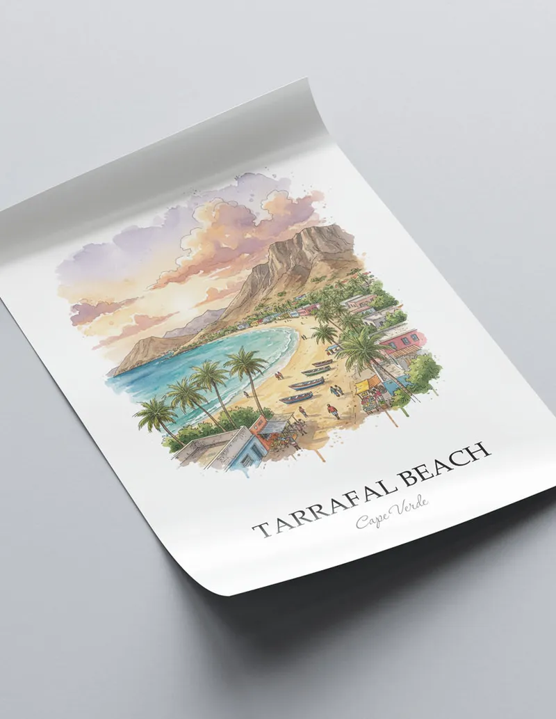 Minimalist poster of Tarrafal Beach in Cape Verde in a light frame standing on the floor in a dark moody interior.