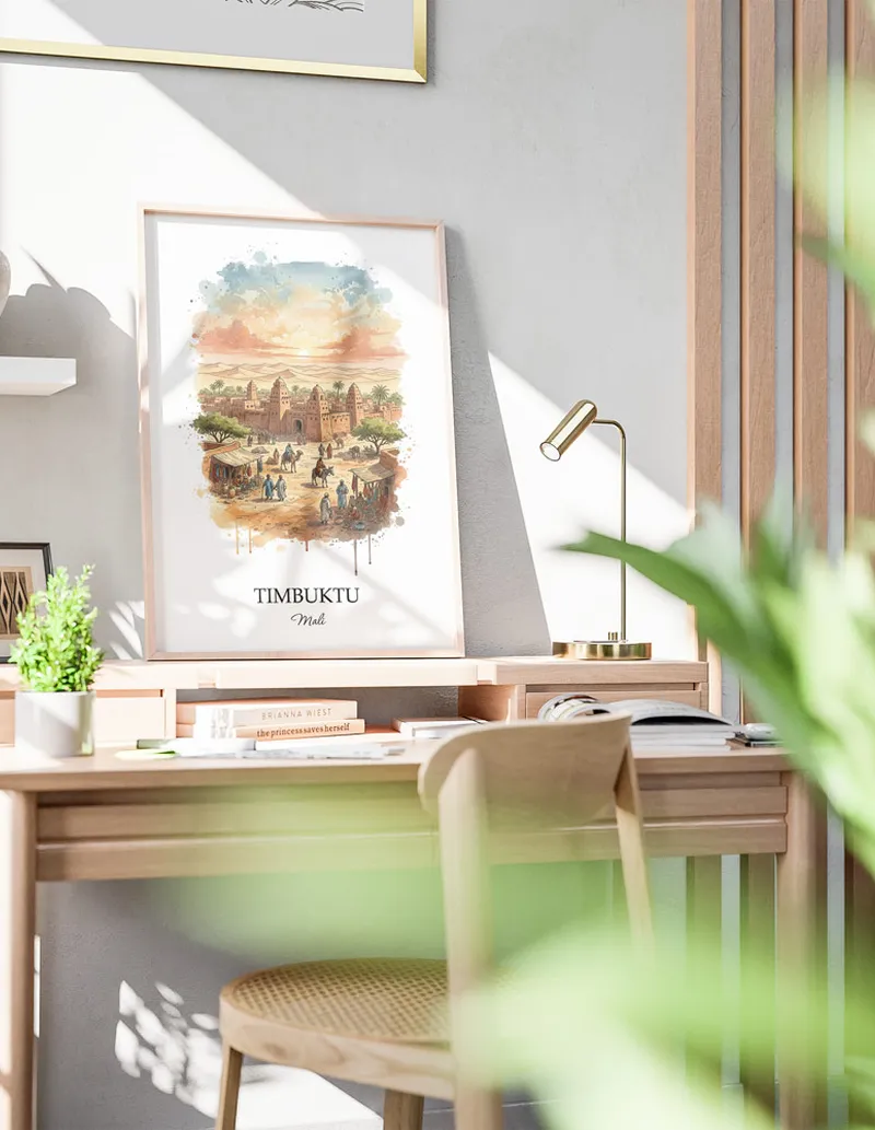 A close-up of a high-quality paper print featuring the Timbuktu in Mali minimalist design.