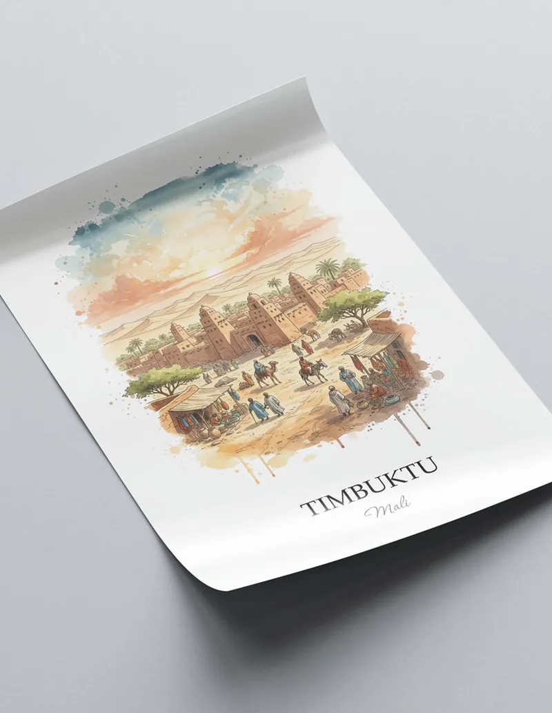 Minimalist poster of Timbuktu in Mali in a light frame standing on the floor in a dark moody interior.