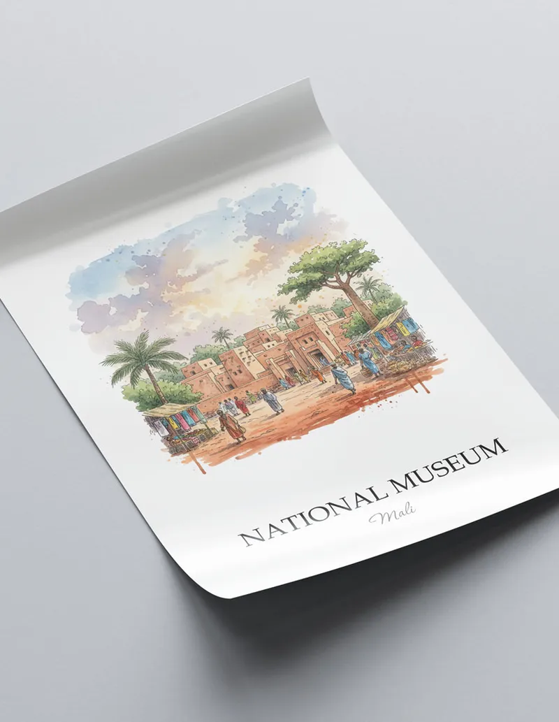 Minimalist poster of National Museum in Mali in a light frame standing on the floor in a dark moody interior.