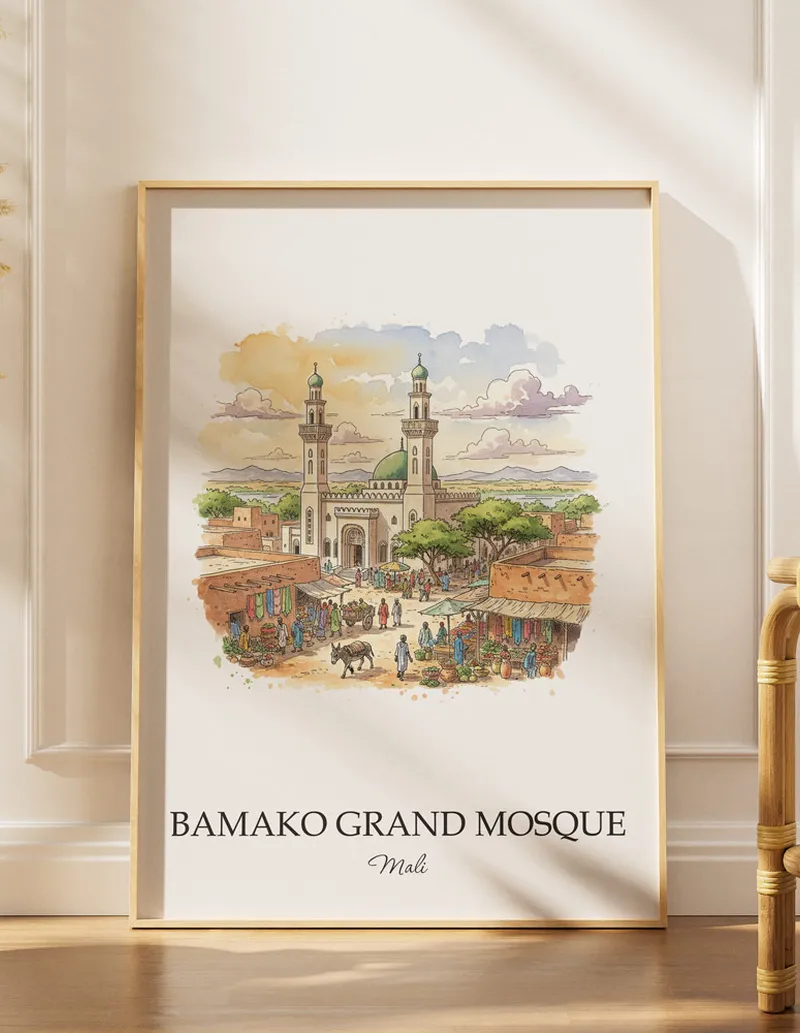 A lovely interior preview showcasing a vintage-vibe travel poster design of the scenic Bamako Grand Mosque in Mali.