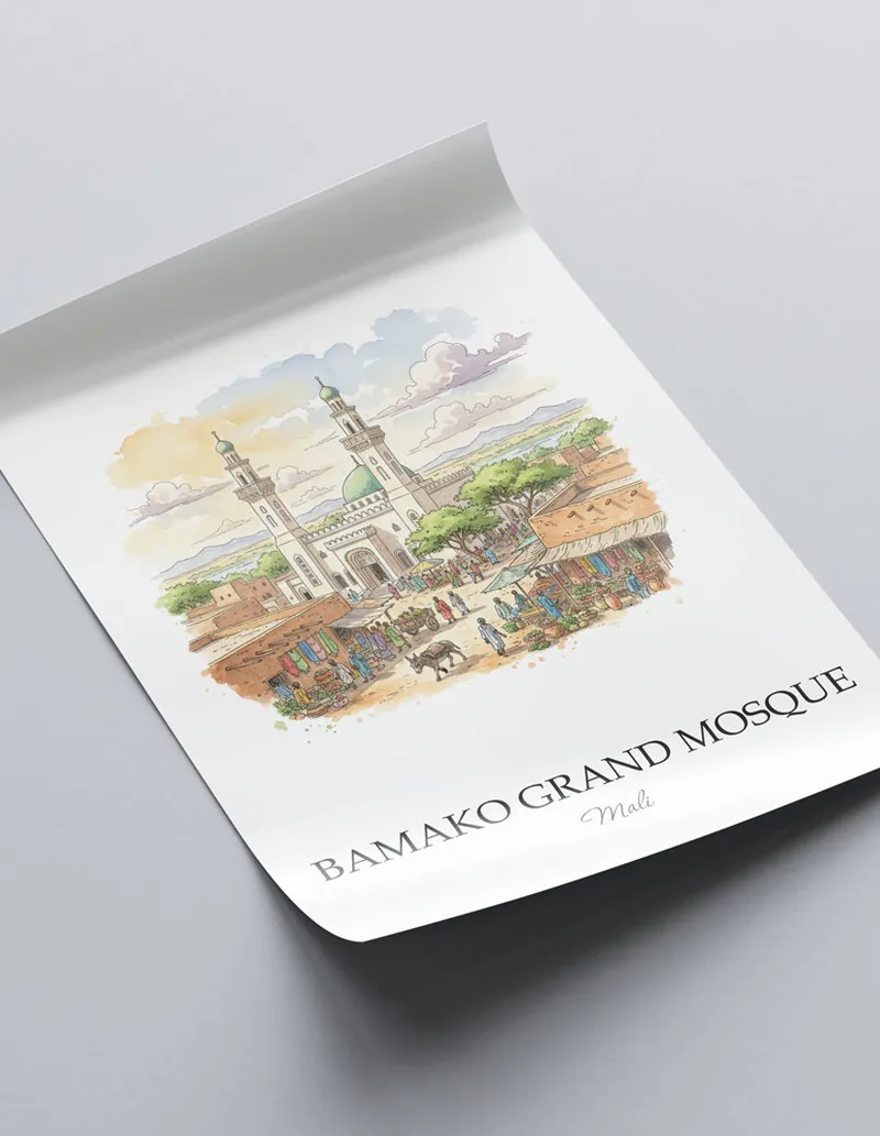 Minimalist poster of Bamako Grand Mosque in Mali in a light frame standing on the floor in a dark moody interior.