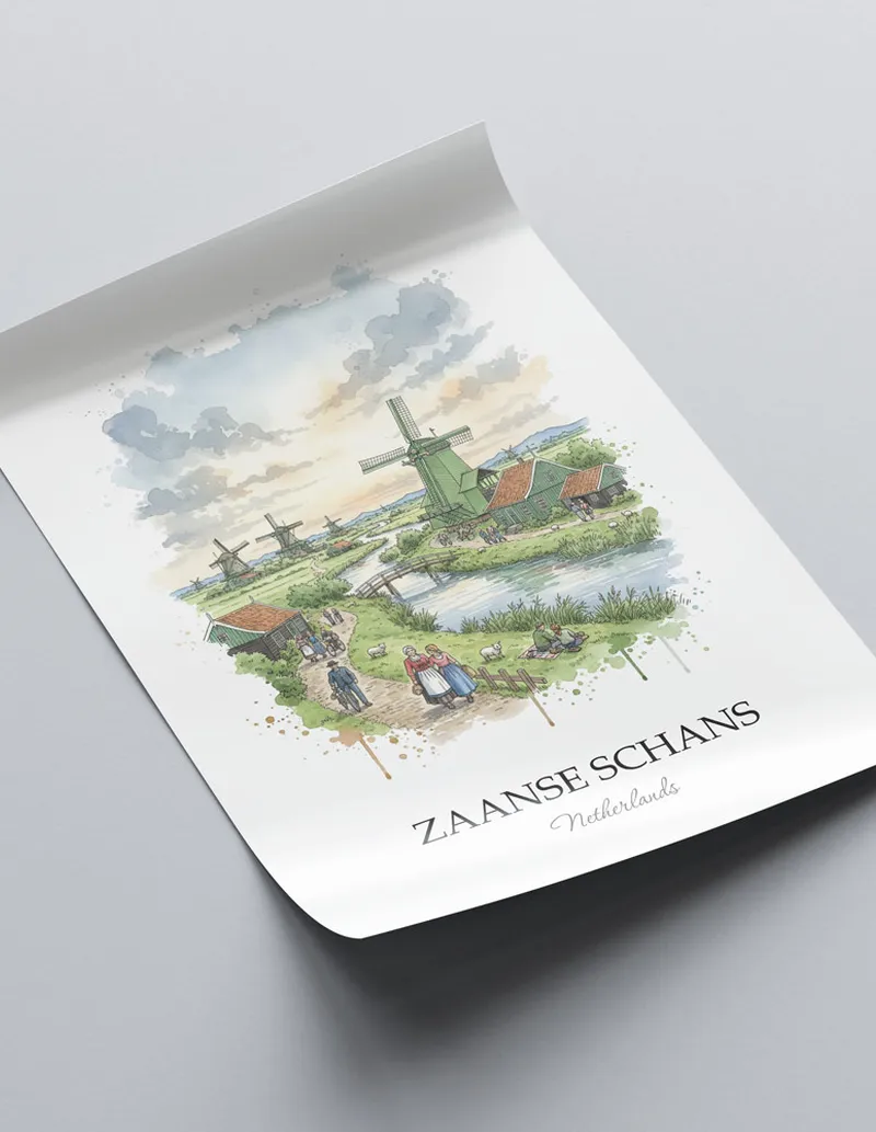 A close-up of a high-quality paper print featuring the Zaanse Schans in Netherlands minimalist design.