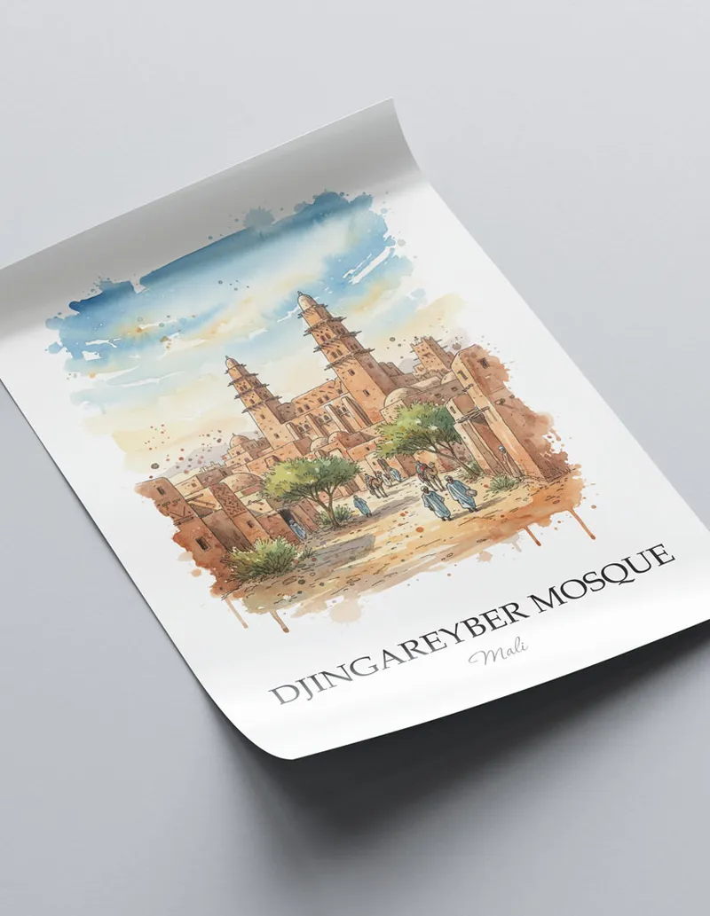 Minimalist poster of Djingareyber Mosque in Mali in a light frame standing on the floor in a dark moody interior.