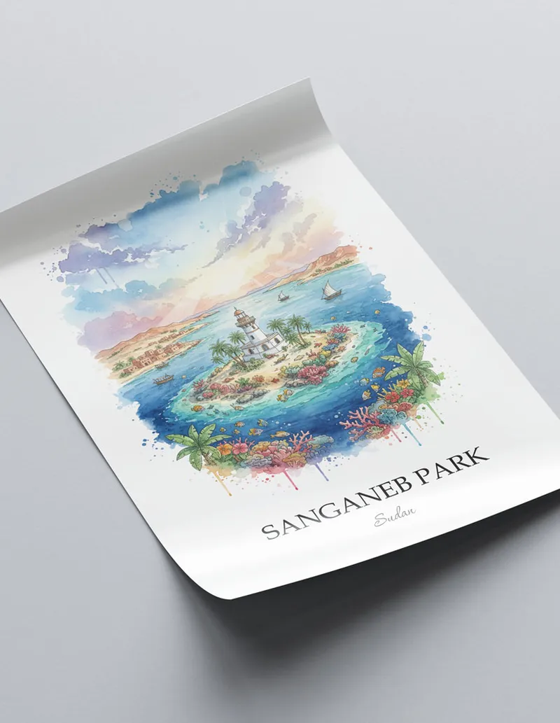 Minimalist poster of Sanganeb Park in Sudan in a light frame standing on the floor in a dark moody interior.