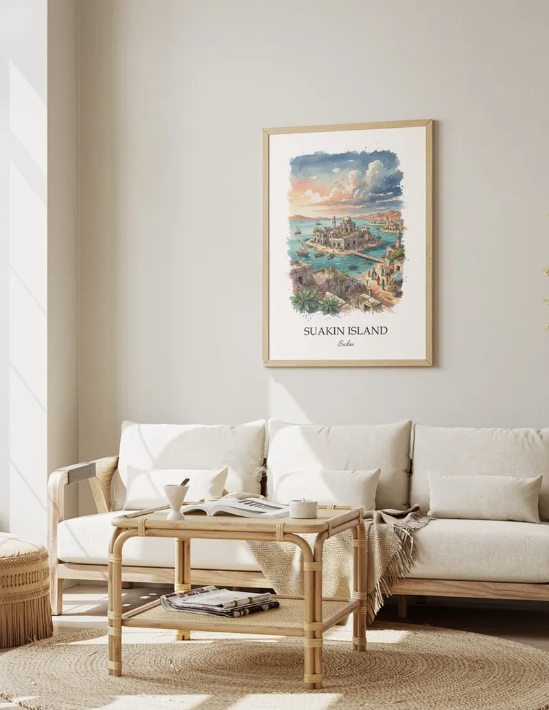 A gorgeous boho-inspired living space with a framed vintage travel poster of Suakin Island in Sudan on display.