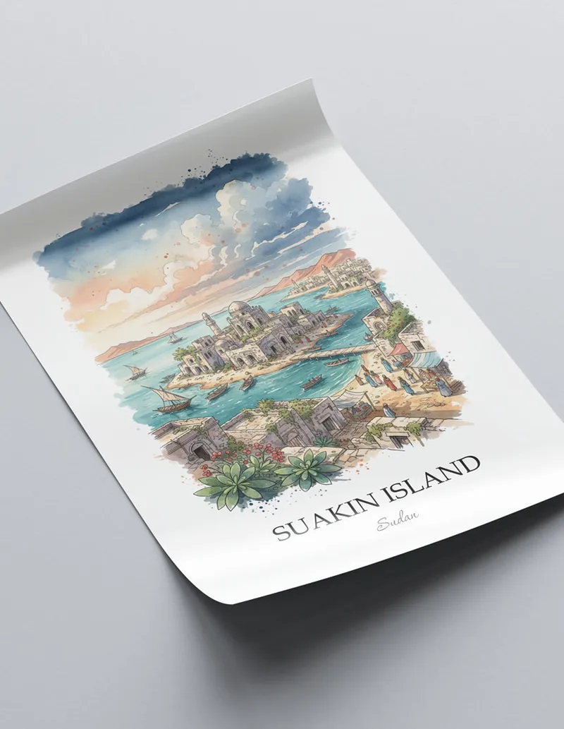 Minimalist poster of Suakin Island in Sudan in a light frame standing on the floor in a dark moody interior.
