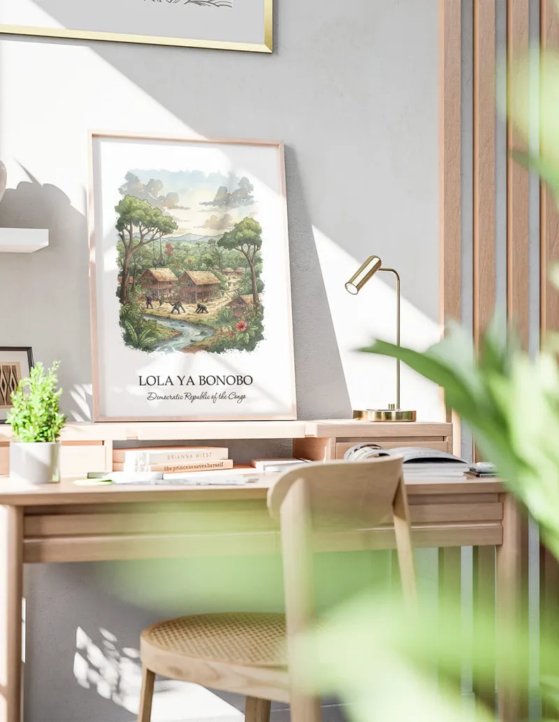 A close-up of a high-quality paper print featuring the Lola ya Bonobo in DRC minimalist design.