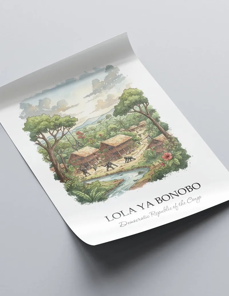 Minimalist poster of Lola ya Bonobo in DRC in a light frame standing on the floor in a dark moody interior.