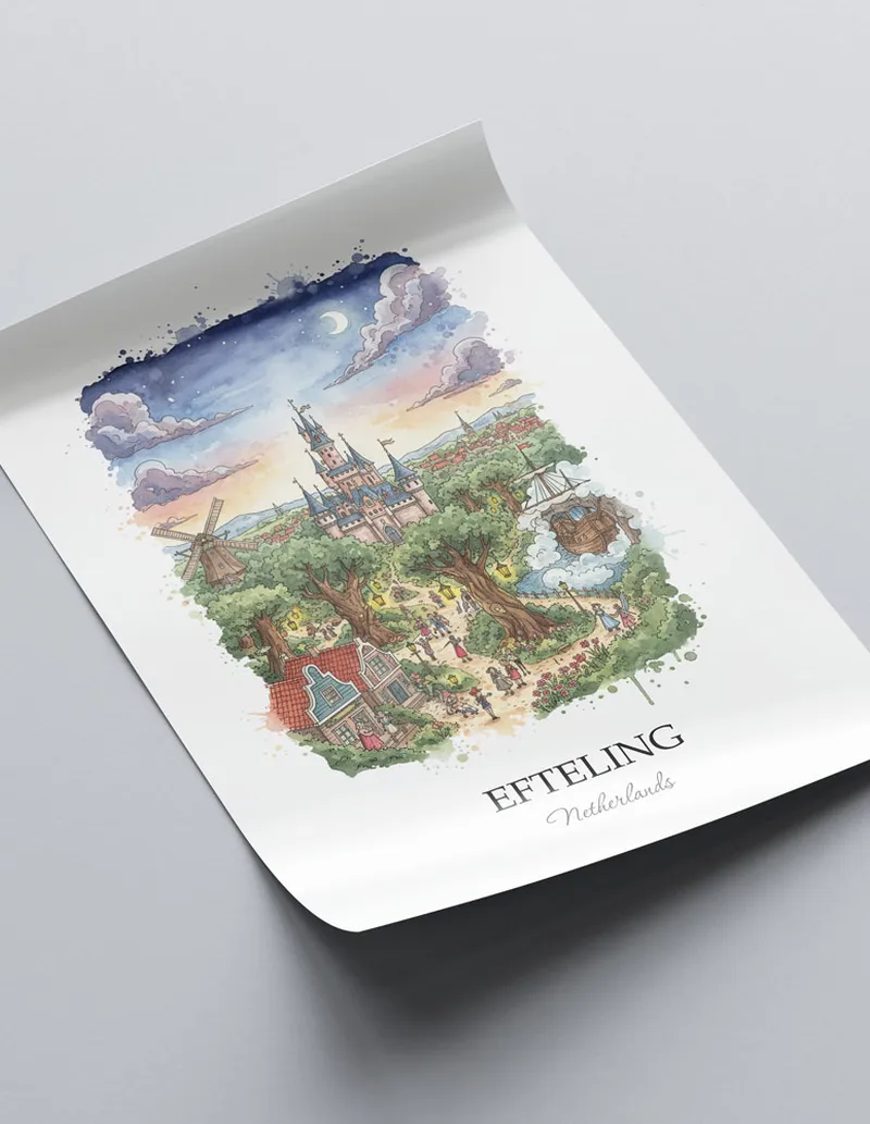 A clean and modern mockup showing a framed Efteling, Netherlands print on a minimalist background.