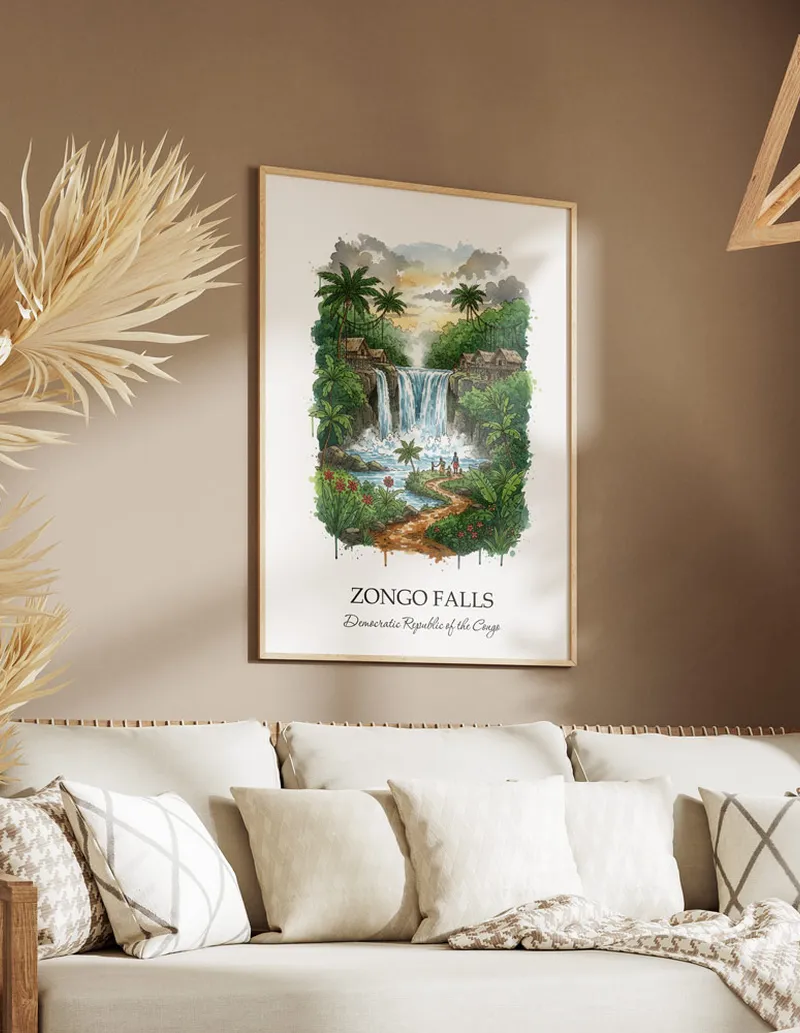 Cozy, well-lit workspace with a minimalist poster of Zongo Falls, DRC in a light frame sitting on the desk.