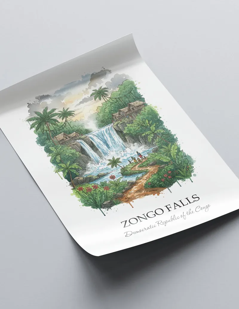 Minimalist poster of Zongo Falls in DRC in a light frame standing on the floor in a dark moody interior.