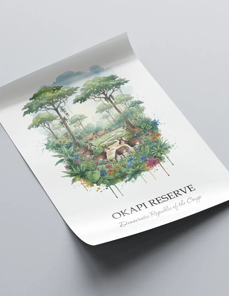 Minimalist poster of Okapi Reserve in DRC in a light frame standing on the floor in a dark moody interior.