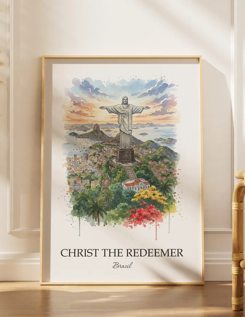A lovely interior preview showcasing a vintage-vibe travel poster design of the scenic Christ the Redeemer in Brazil.