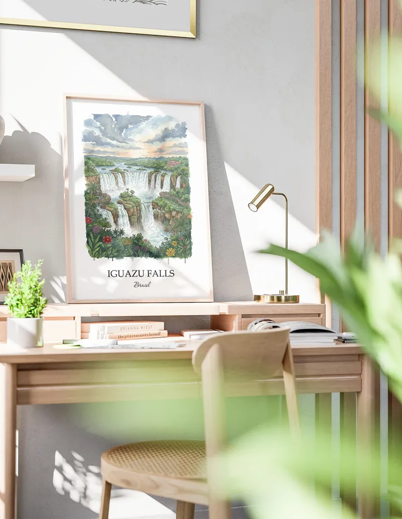 A close-up of a high-quality paper print featuring the Iguazu Falls in Brazil minimalist design.