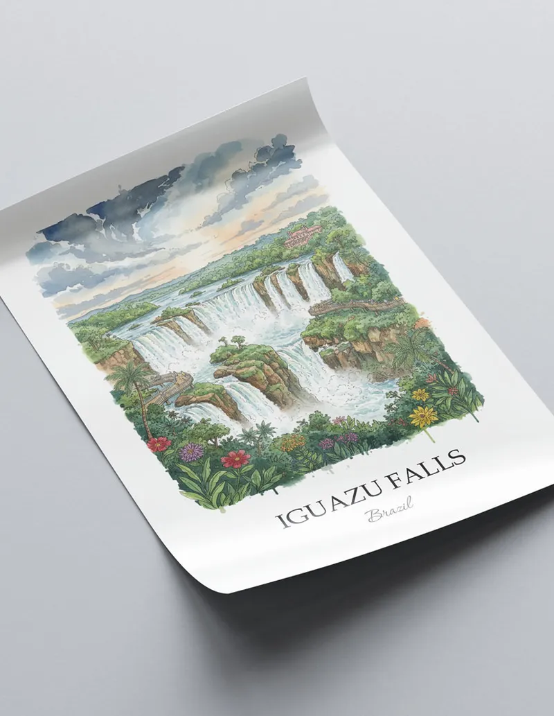 Minimalist poster of Iguazu Falls in Brazil in a light frame standing on the floor in a dark moody interior.