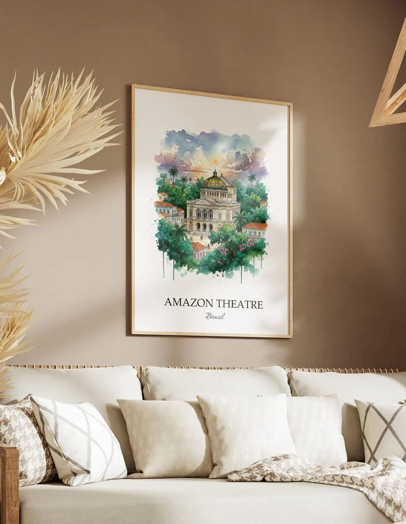 Cozy, well-lit workspace with a minimalist poster of Amazon Theatre, Brazil in a light frame sitting on the desk.