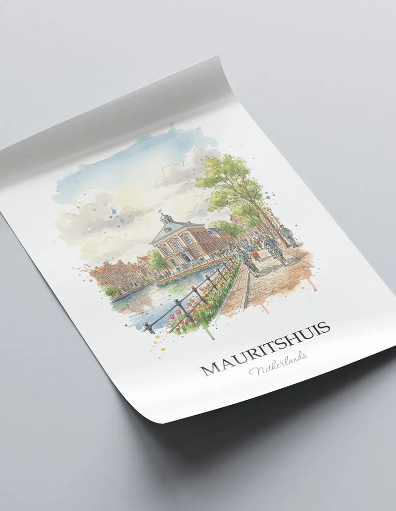 A clean and modern mockup showing a framed Mauritshuis, Netherlands print on a minimalist background.