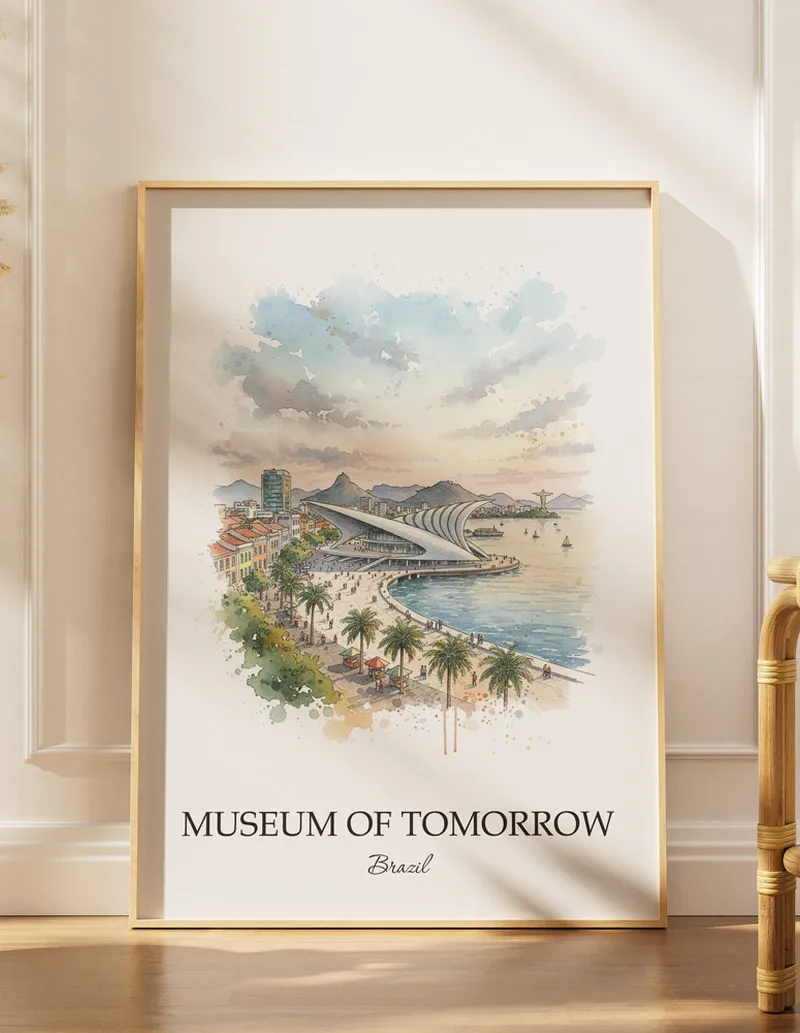 A lovely interior preview showcasing a vintage-vibe travel poster design of the scenic Museum of Tomorrow in Brazil.